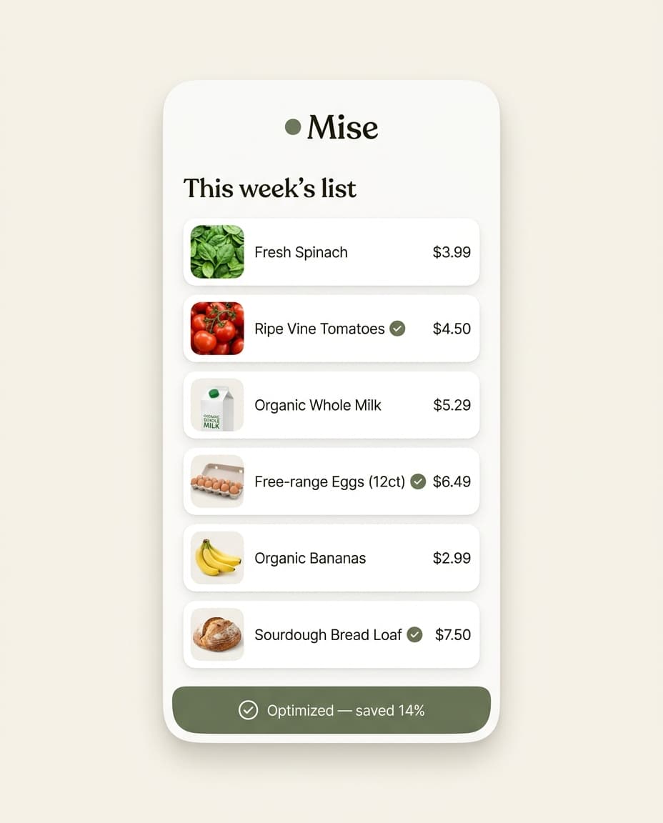 Mise — this week's grocery list, optimized and priced